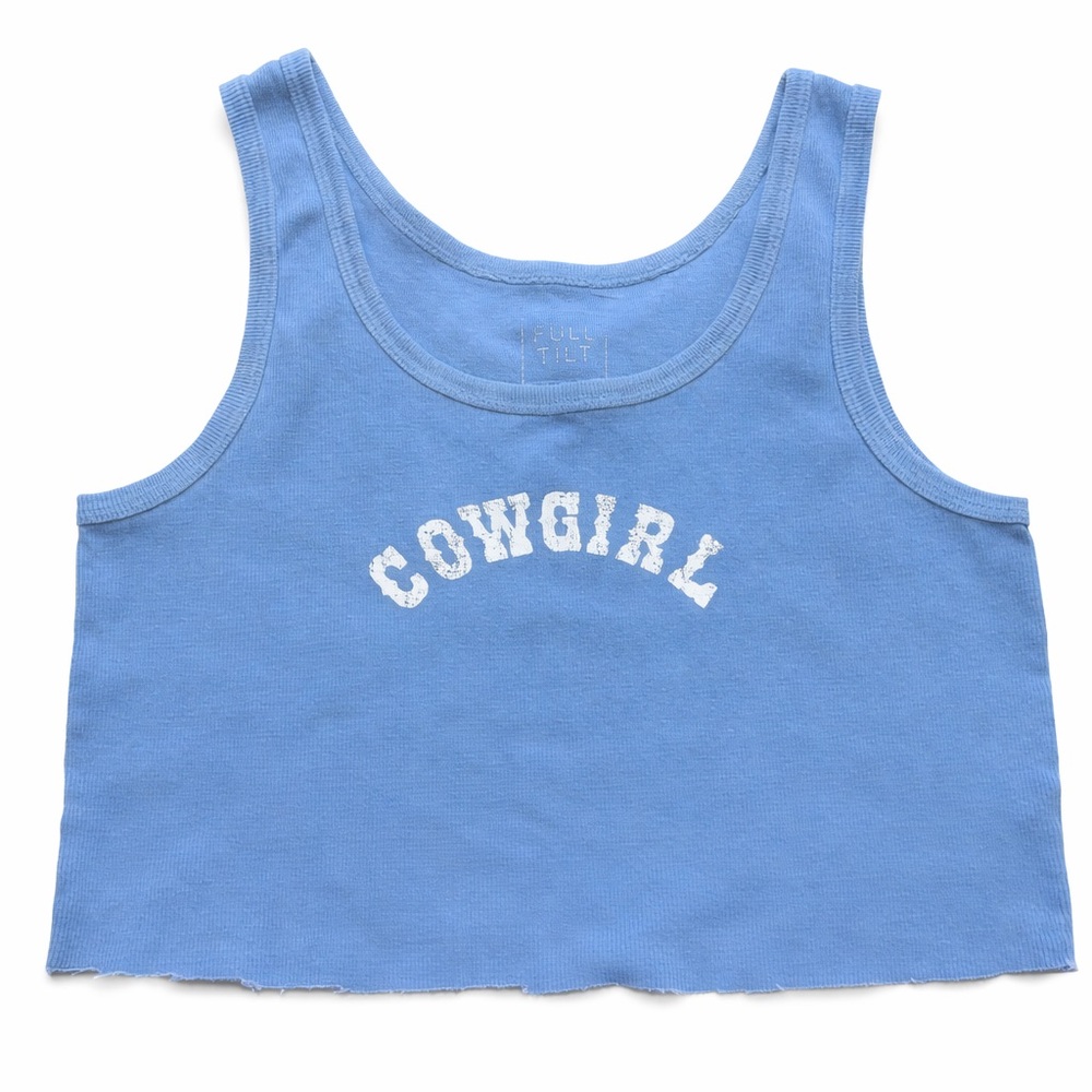 Full Tilt Cowgirl Graphic Ribbed Crop Tank Top Sky Blue XL